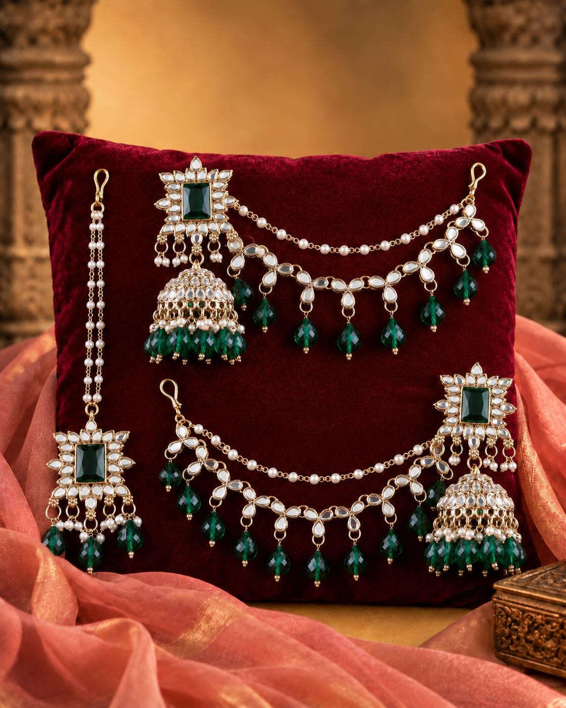Green Kaur Mirror Bahubali Jhumka with Statement Kaan Chain and Teeka