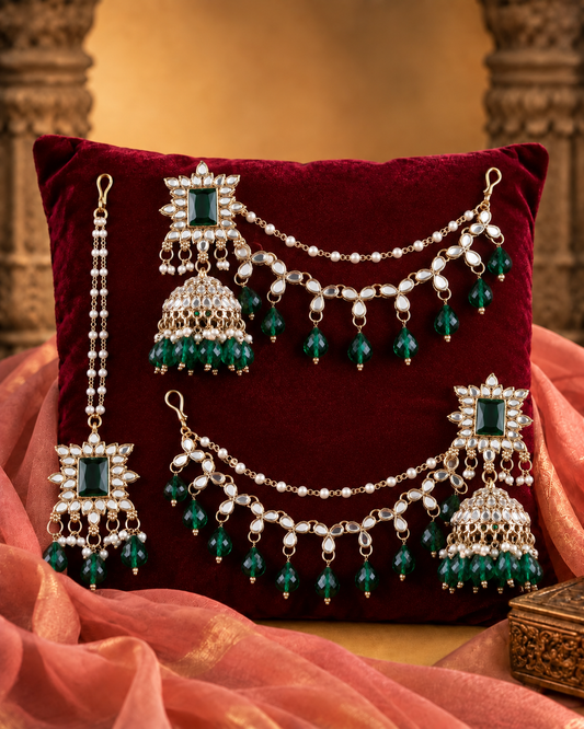 Green Kaur Mirror Bahubali Jhumka with Statement Kaan Chain and Teeka