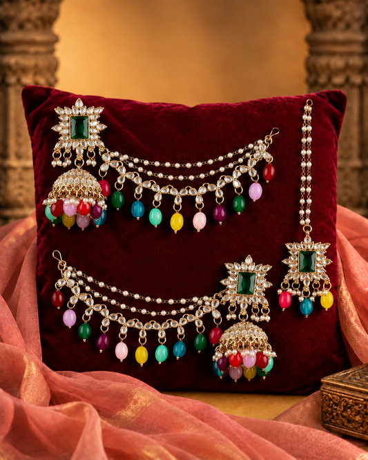 Multi Kaur Mirror Bahubali Jhumka with Statement Kaan Chain and Teeka