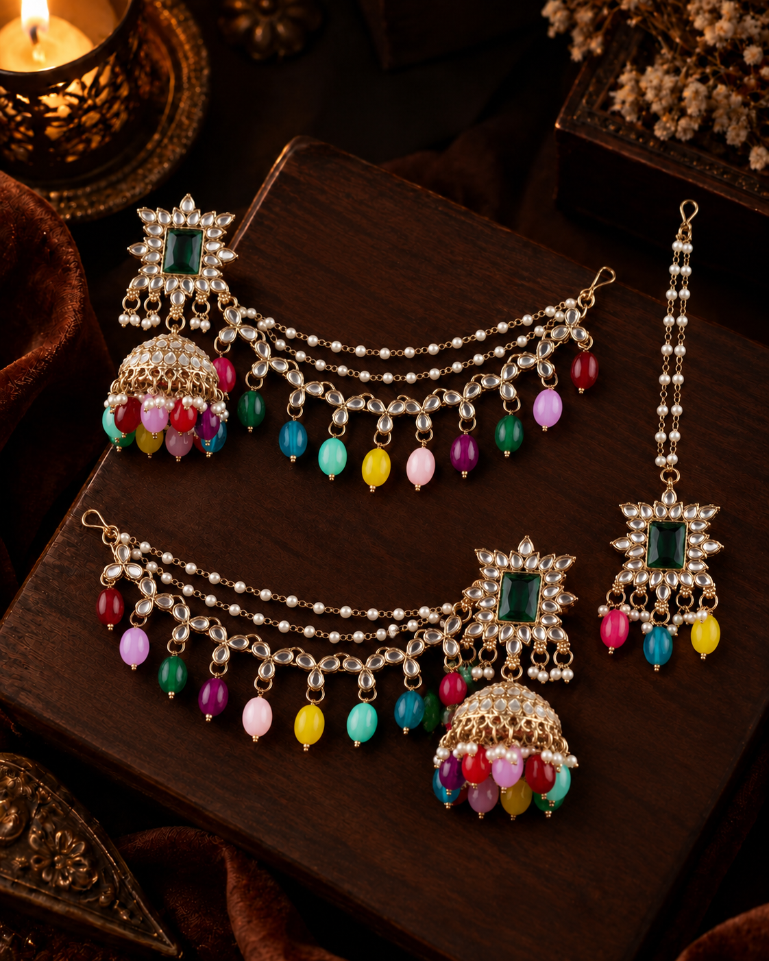 Multi Kaur Mirror Bahubali Jhumka with Statement Kaan Chain and Teeka