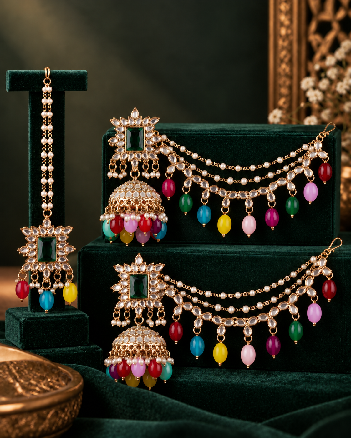 Multi Kaur Mirror Bahubali Jhumka with Statement Kaan Chain and Teeka