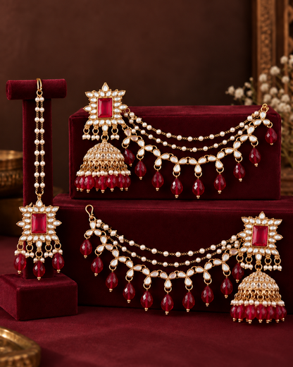 Pink Kaur Mirror Bahubali Jhumka with Statement Kaan Chain and Teeka