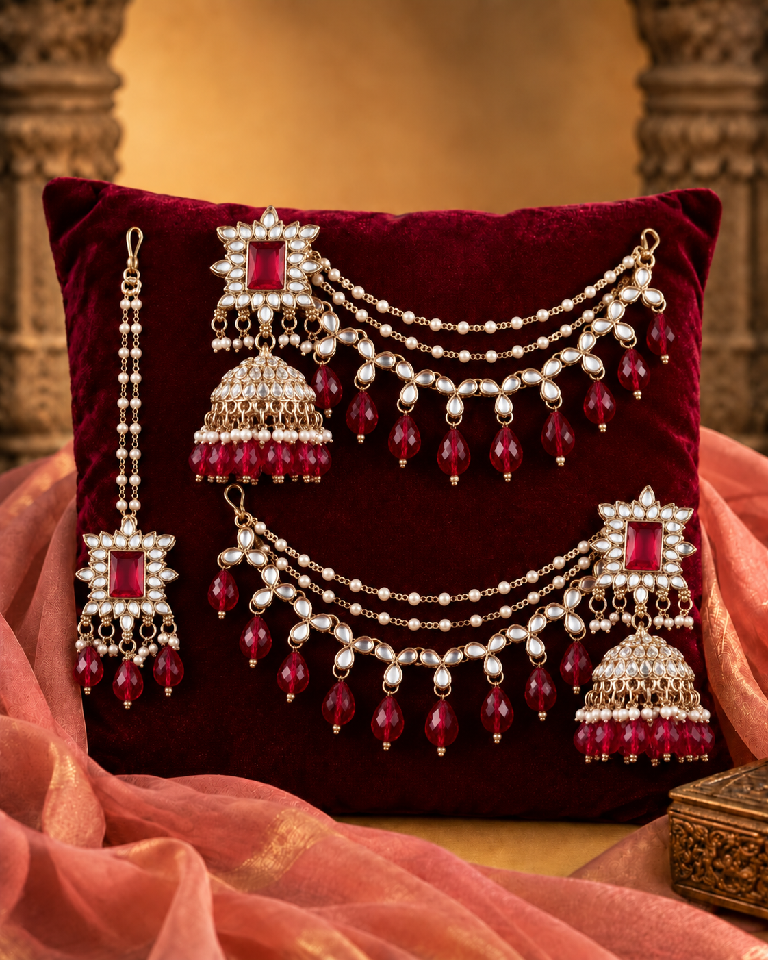 Pink Kaur Mirror Bahubali Jhumka with Statement Kaan Chain and Teeka