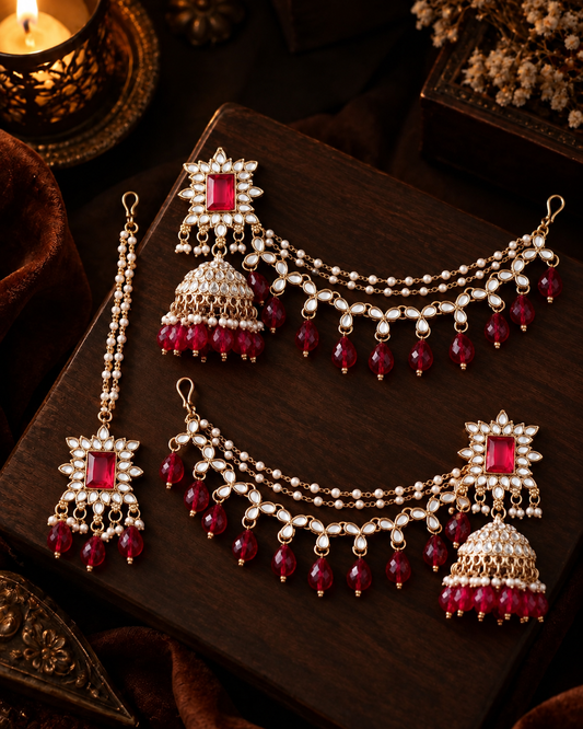 Pink Kaur Mirror Bahubali Jhumka with Statement Kaan Chain and Teeka