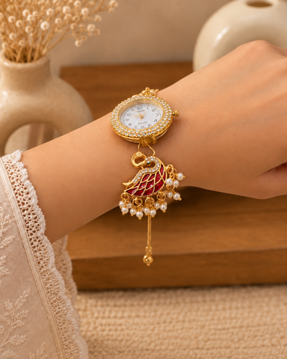 Red Huzaif Heritage Kashmiri Ethnic Bracelet Watch for Women