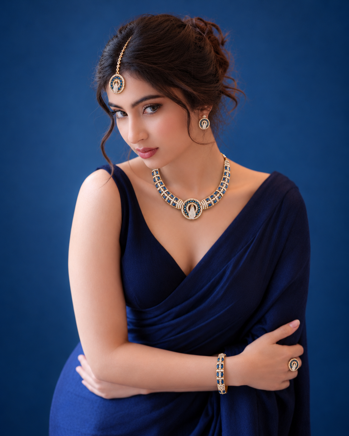 Blue Aishwarya Peacock Designer Necklace with Earring and Teeka