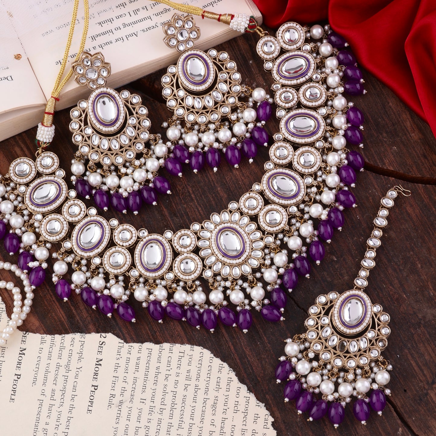 Purple Gurkeerat Necklace Earring with Teeka and Side Jhumar/Passa