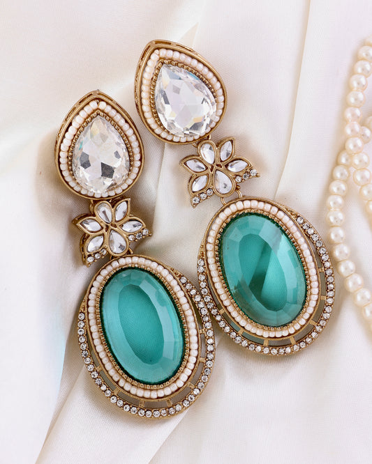 Turquoise Dhvit Premium Designer Zircone Polki Dupe Earring