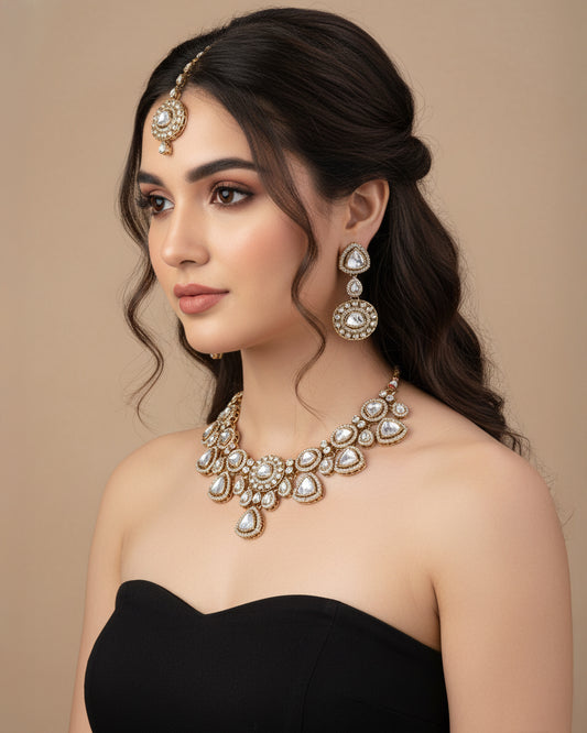 White Kavita Premium Polki Dupe Necklace with Earring and Teeka