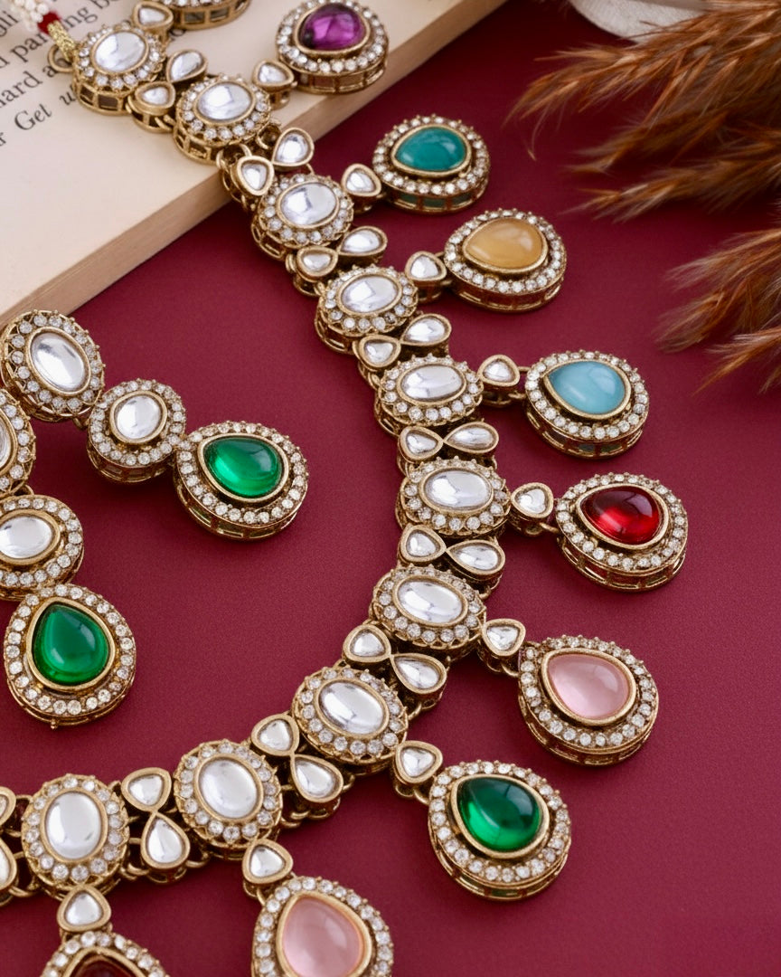 Multi Nivaya Premium Polki Dupe Necklace with Earring and Teeka