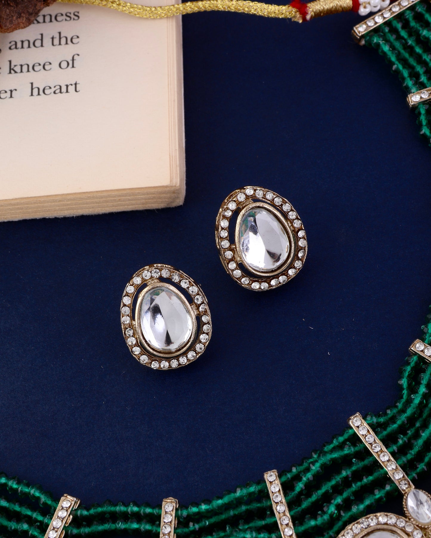 Green Darvesh Zircone Polki Dupe Pearl Necklace with Earring