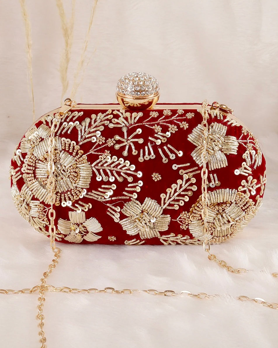 Dark Red Trisha Embroidered Clutch