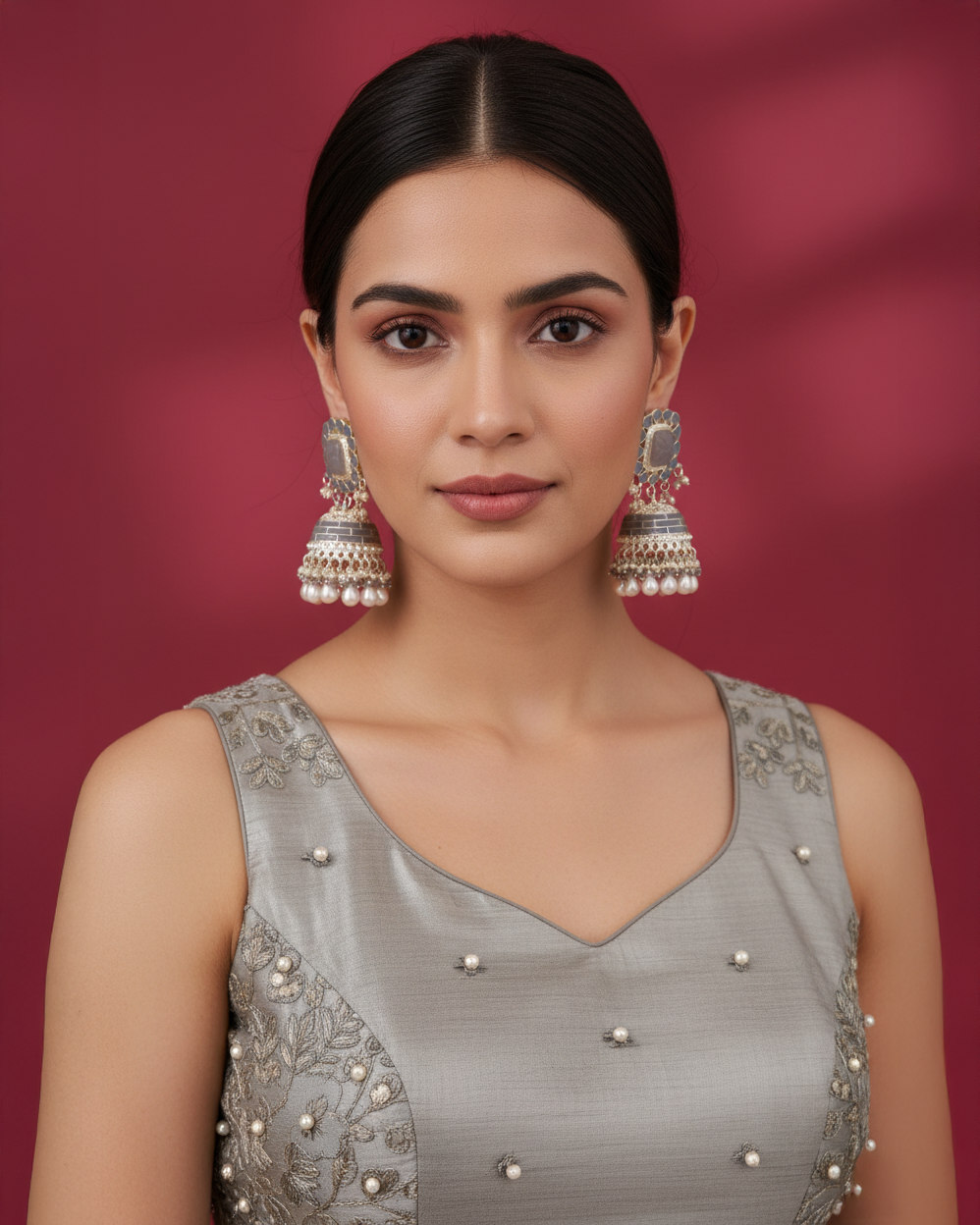 Grey Trinaya Meenakari Jhumka