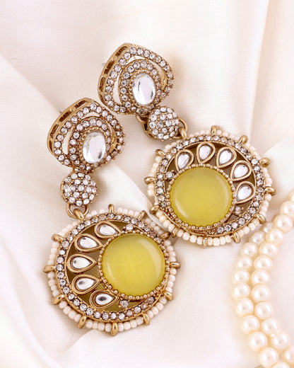 Yellow Tanshika Premium Designer Zircone Polki Dupe Earring