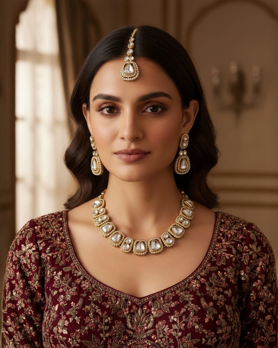 Silver Zorawar Premium Polki Dupe Necklace with Earring and Teeka