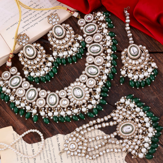 Green Gurkeerat Necklace Earring with Teeka and Side Jhumar/Passa