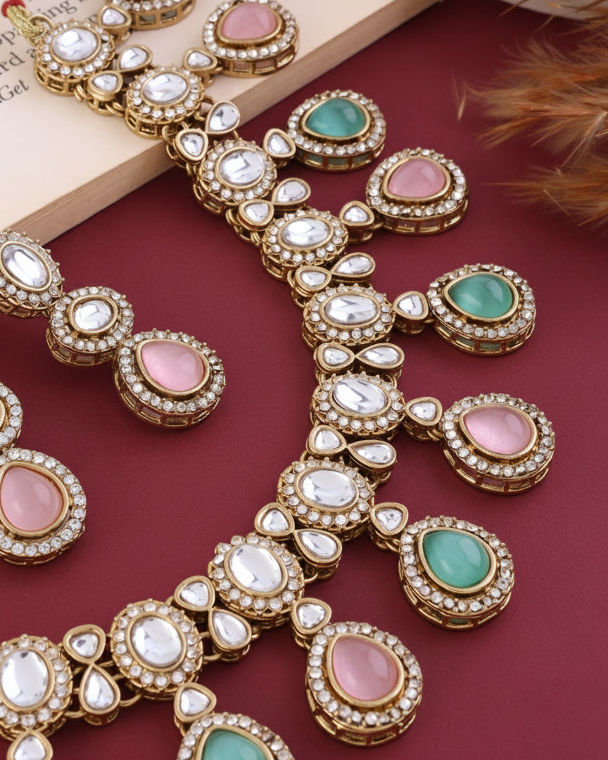 Pastel Nivaya Premium Polki Dupe Necklace with Earring and Teeka