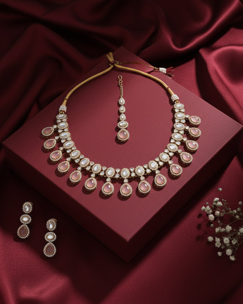 Blush Nivaya Premium Polki Dupe Necklace with Earring and Teeka