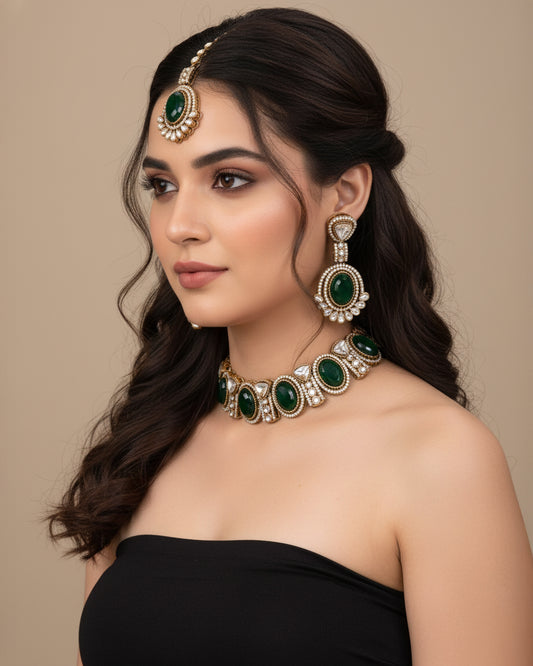 Emerald Taruja Premium Polki Dupe Necklace with Earring and Mangteeka
