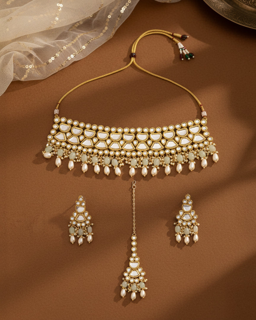 Pearl Guranshi Dabi Kundan Choker Necklace with Earring and Mangteeka