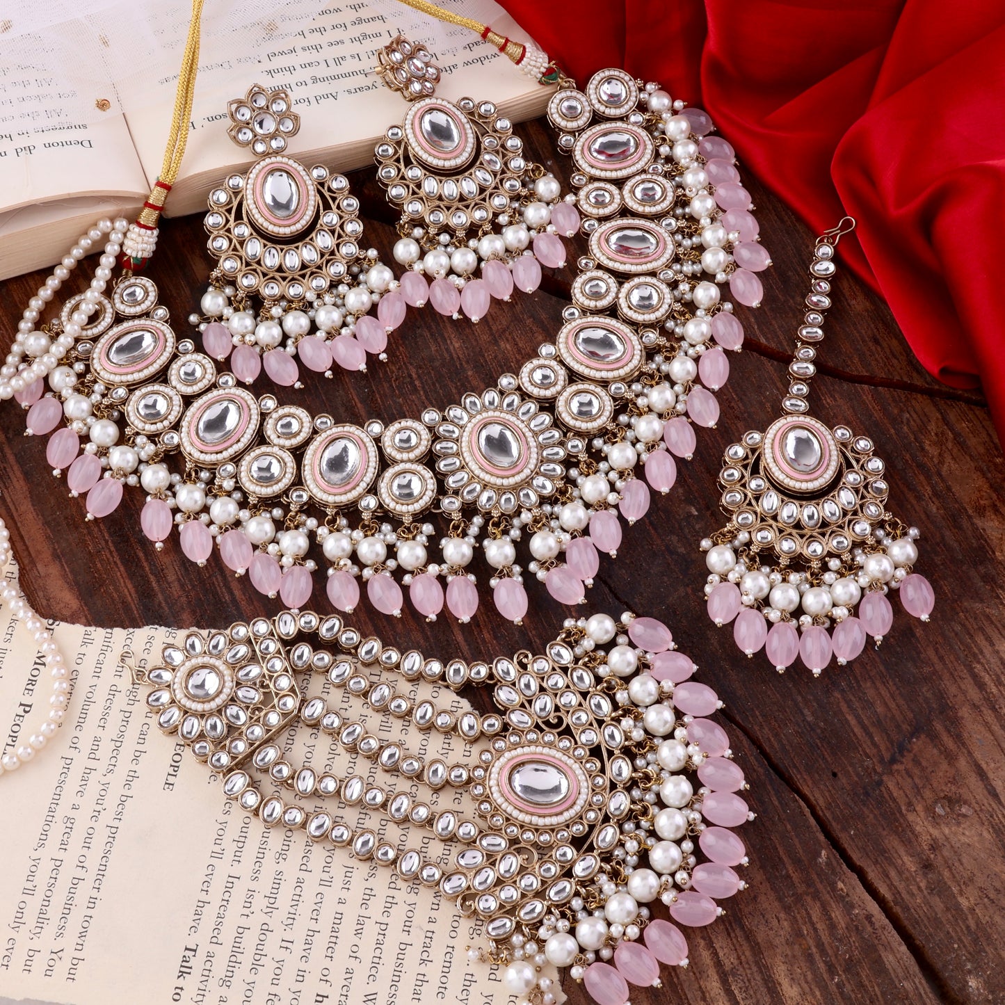 Blush Gurkeerat Necklace Earring with Teeka and Side Jhumar/Passa