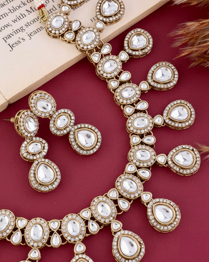 White Nivaya Premium Polki Dupe Necklace with Earring and Teeka