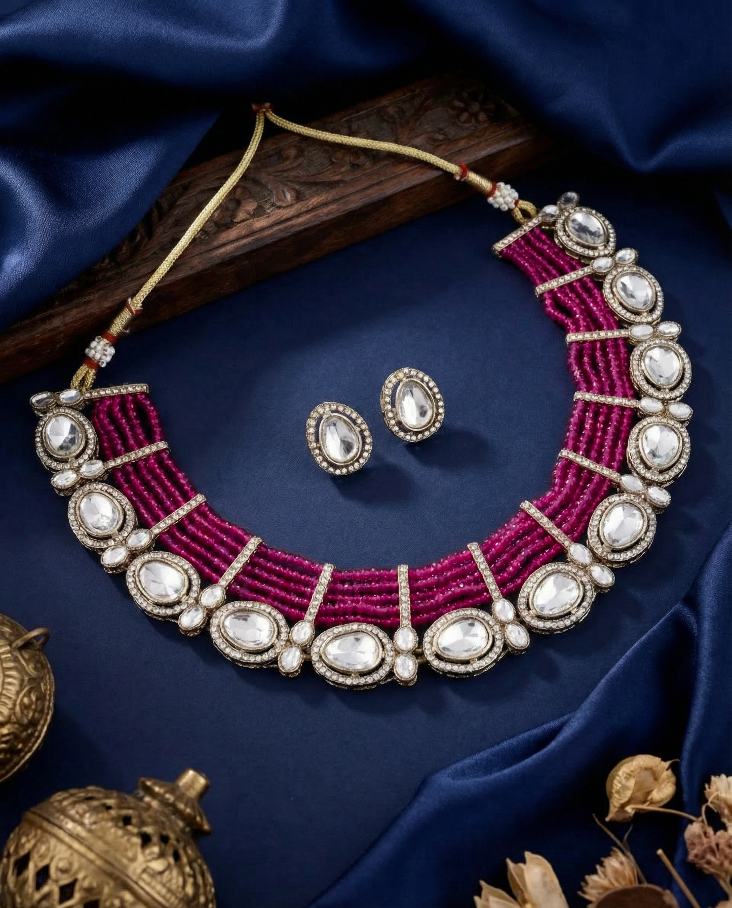 Pink Darvesh Zircone Polki Dupe Pearl Necklace with Earring