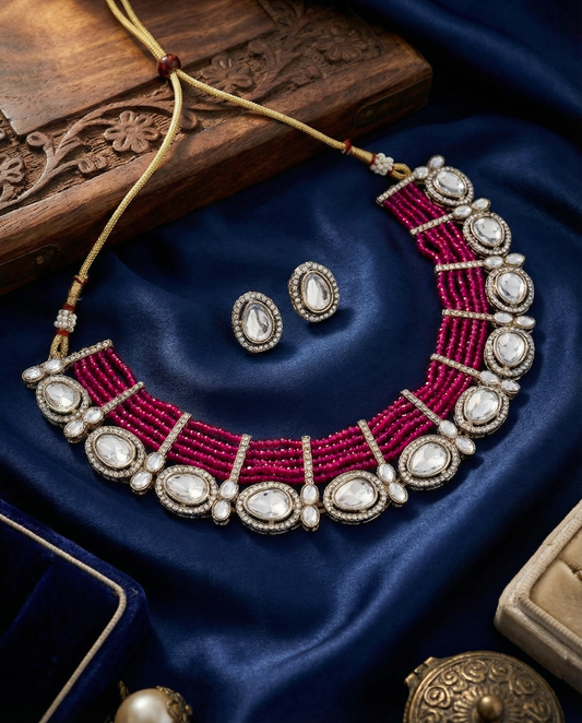 Pink Darvesh Zircone Polki Dupe Pearl Necklace with Earring