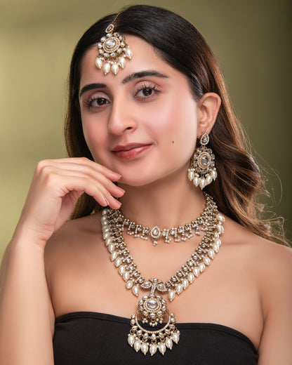 Pearl Aanvir Layer Necklace With Earring & Teeka