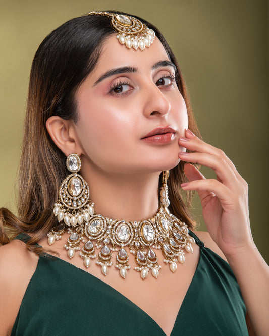 Pearl Naadiya Premium Polki Dupe Necklace with Earring and Teeka