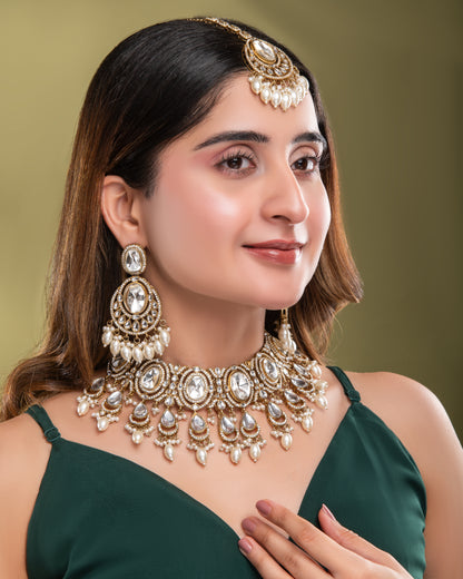 Pearl Naadiya Premium Polki Dupe Necklace with Earring and Teeka