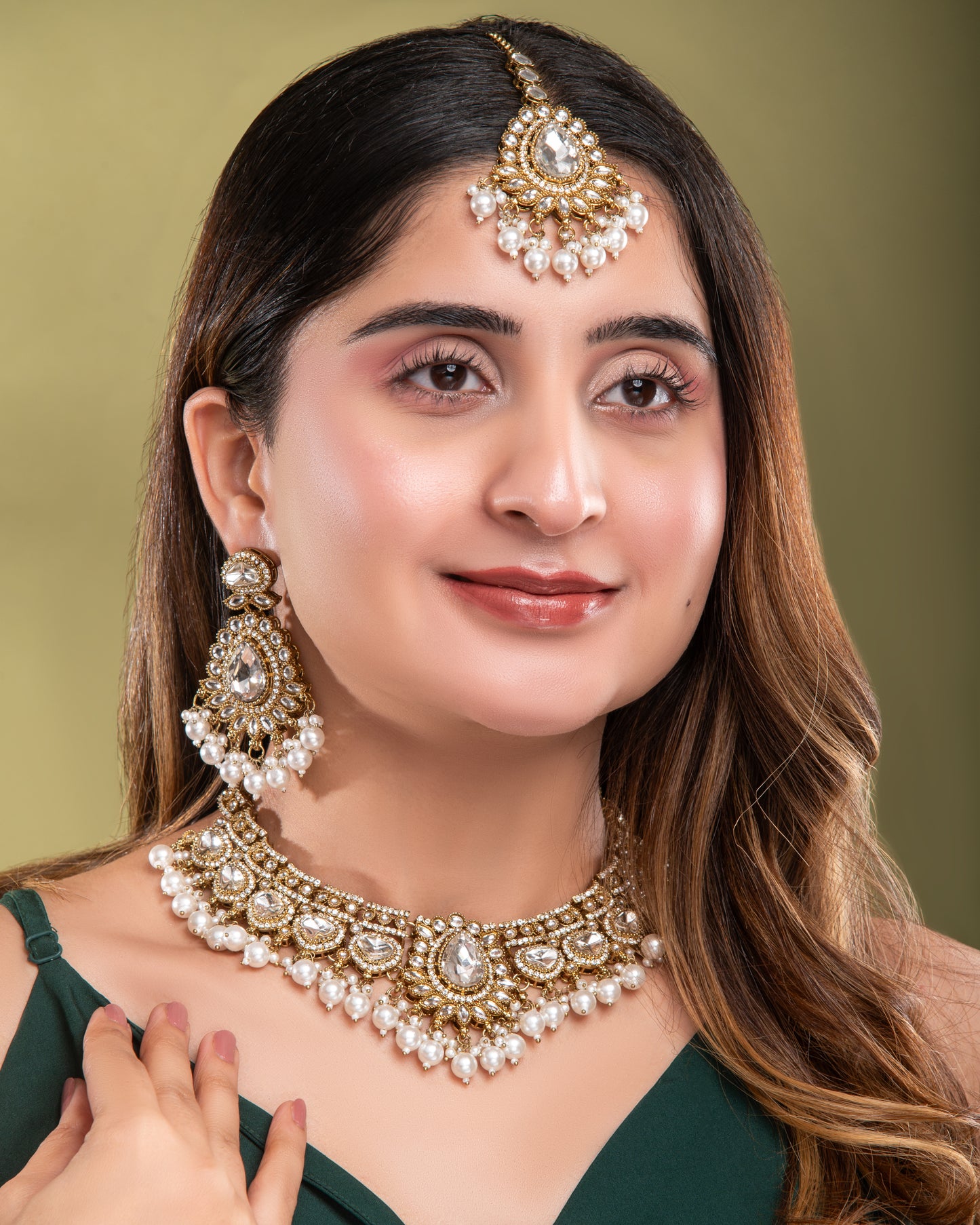 Pearl Savira Premium Polki Dupe Necklace with Earring and Teeka
