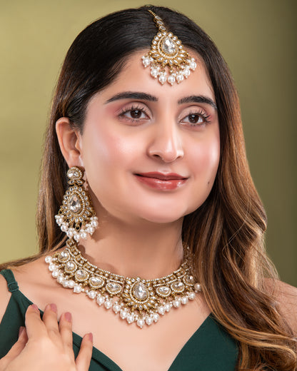 Pearl Savira Premium Polki Dupe Necklace with Earring and Teeka