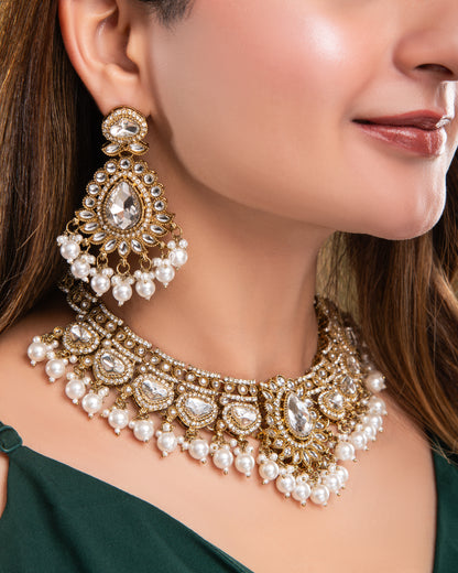 Pearl Savira Premium Polki Dupe Necklace with Earring and Teeka