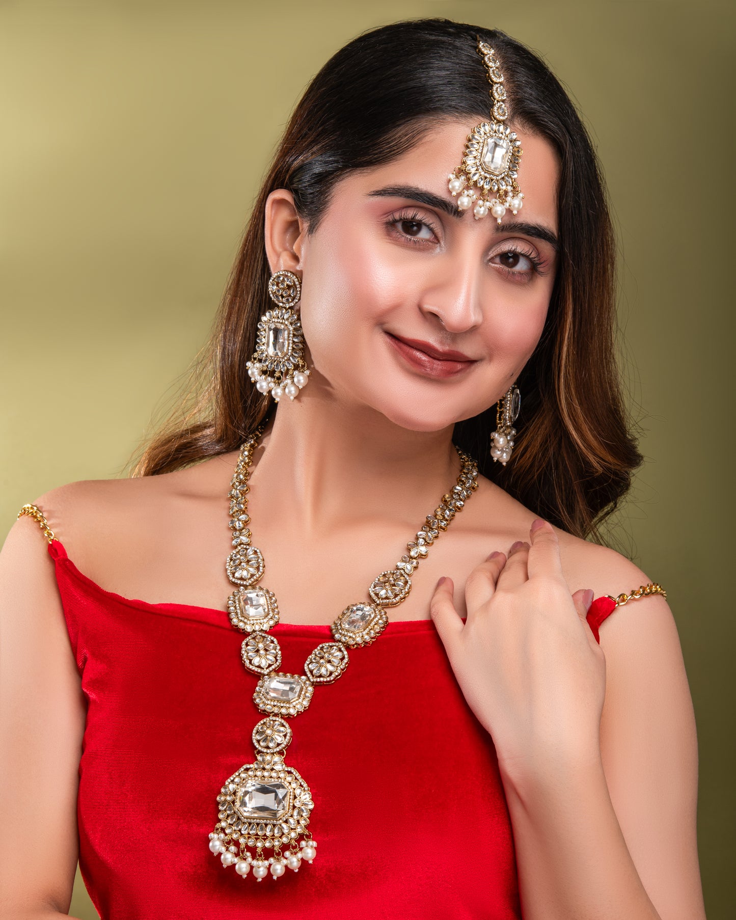 Pearl Naavir Premium Polki Dupe Long Necklace with Earring and Teeka