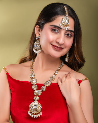 Pearl Naavir Premium Polki Dupe Long Necklace with Earring and Teeka
