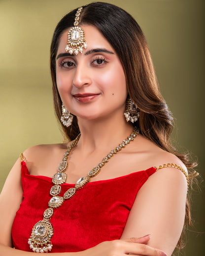 Pearl Naavir Premium Polki Dupe Long Necklace with Earring and Teeka