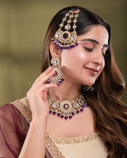 Purple Laviza Premium Polki Dupe Necklace Earring with Teeka and Side Jhumar/Passa