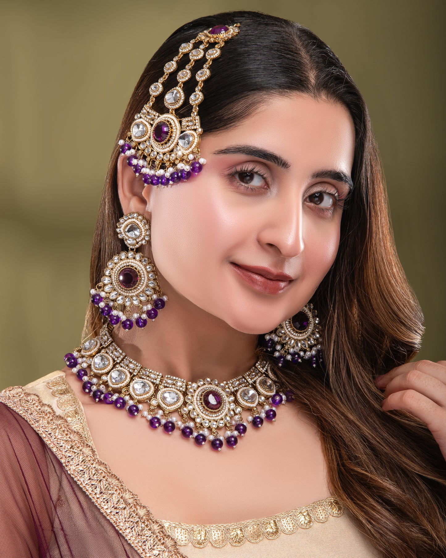 Purple Laviza Premium Polki Dupe Necklace Earring with Teeka and Side Jhumar/Passa