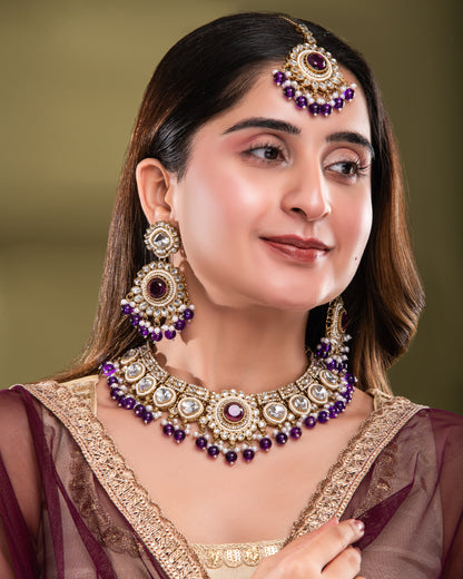 Purple Laviza Premium Polki Dupe Necklace Earring with Teeka and Side Jhumar/Passa