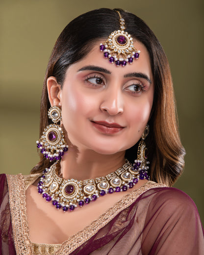 Purple Laviza Premium Polki Dupe Necklace Earring with Teeka and Side Jhumar/Passa