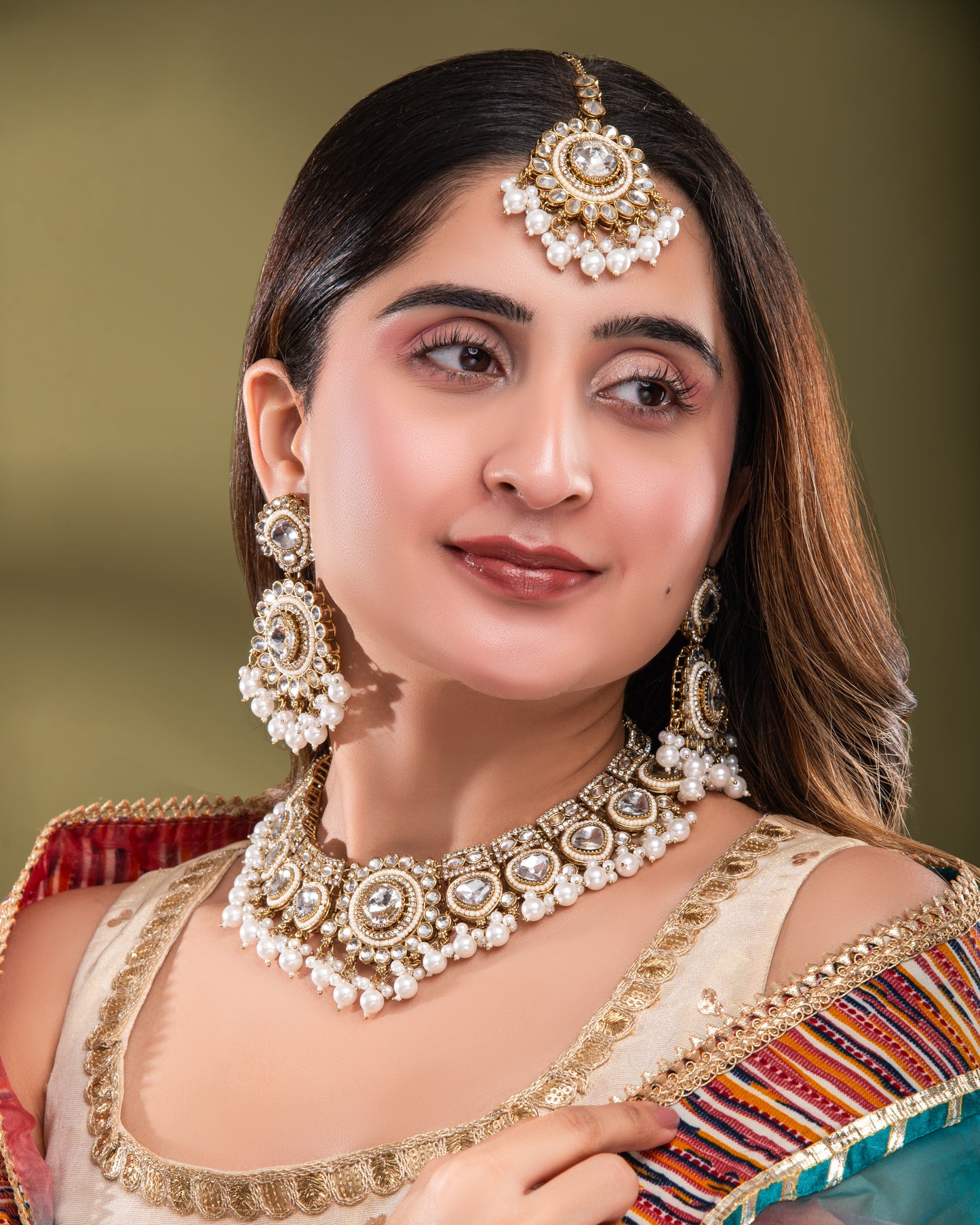 Pearl Laviza Premium Polki Dupe Necklace Earring with Teeka and Side Jhumar/Passa