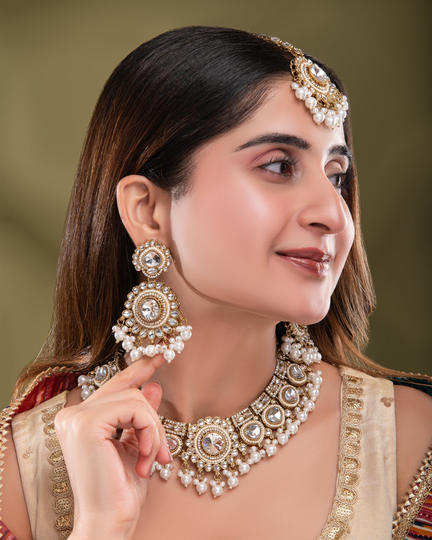 Pearl Laviza Premium Polki Dupe Necklace Earring with Teeka and Side Jhumar/Passa