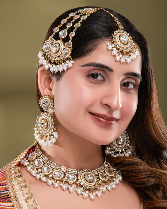 Pearl Laviza Premium Polki Dupe Necklace Earring with Teeka and Side Jhumar/Passa