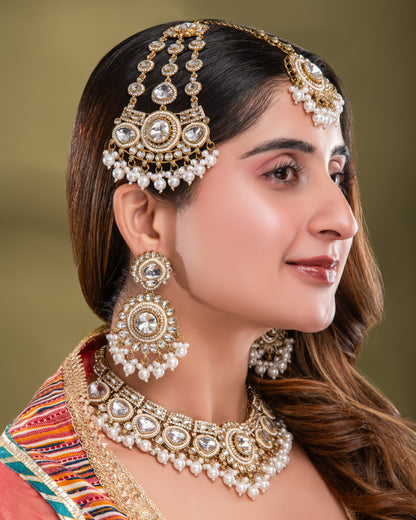 Pearl Laviza Premium Polki Dupe Necklace Earring with Teeka and Side Jhumar/Passa