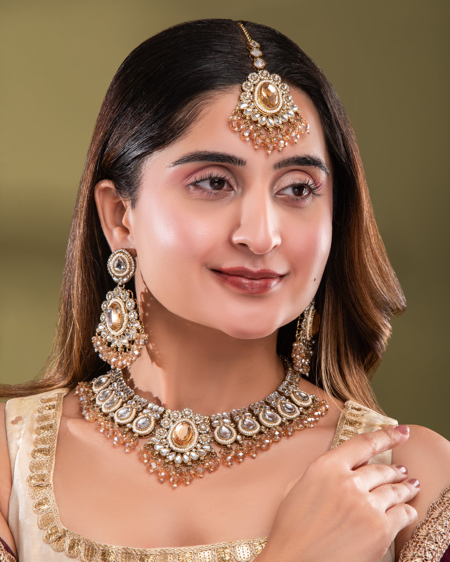 Gold Kavisha Premium Polki Dupe Necklace Set with Earring and Teeka