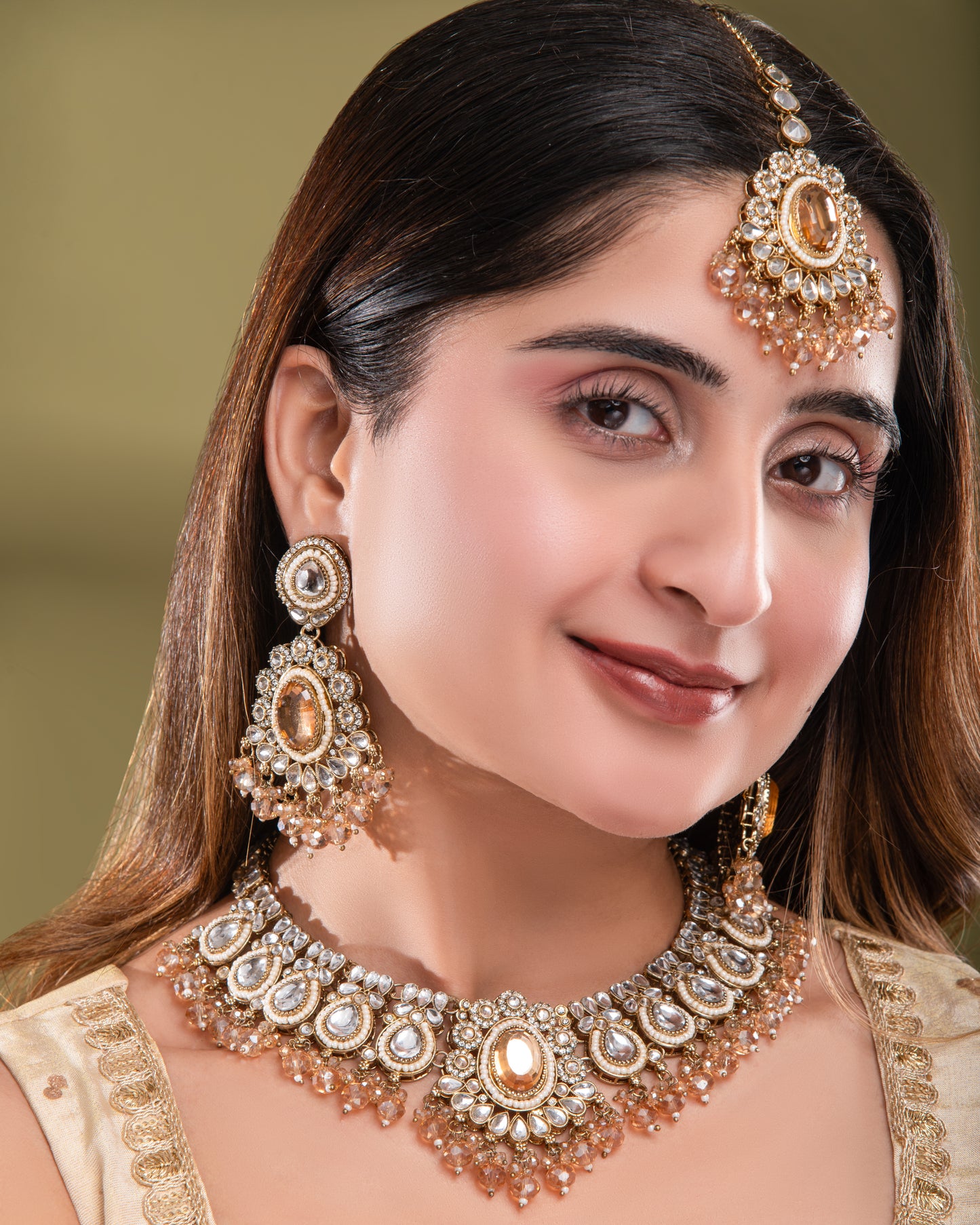 Gold Kavisha Premium Polki Dupe Necklace Set with Earring and Teeka