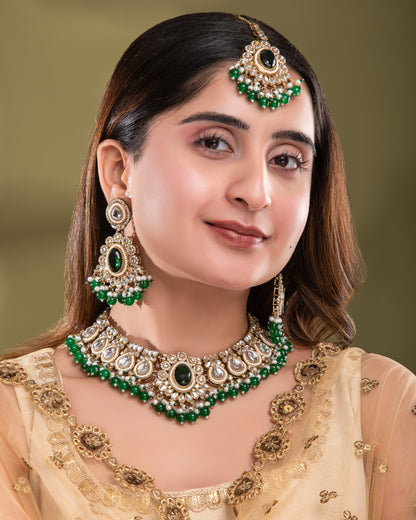 Green Kavisha Premium Polki Dupe Necklace Set with Earring and Teeka