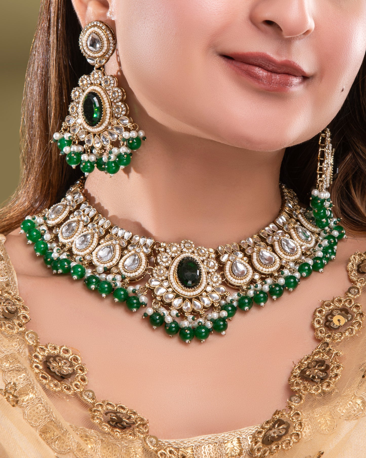 Green Kavisha Premium Polki Dupe Necklace Set with Earring and Teeka