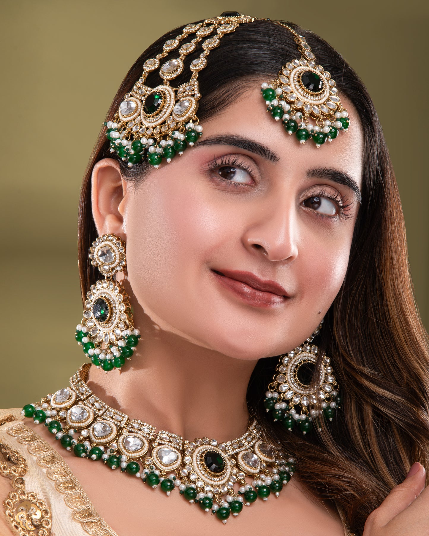 Green Laviza Premium Polki Dupe Necklace Earring with Teeka and Side Jhumar/Passa